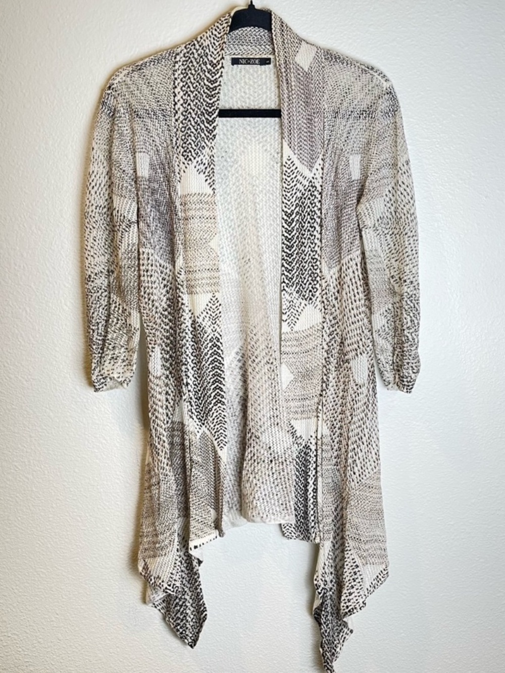 NIC+ZOE Linen Blend Neutral Geometric Open Cardigan Sz Small Boho Chic Layering